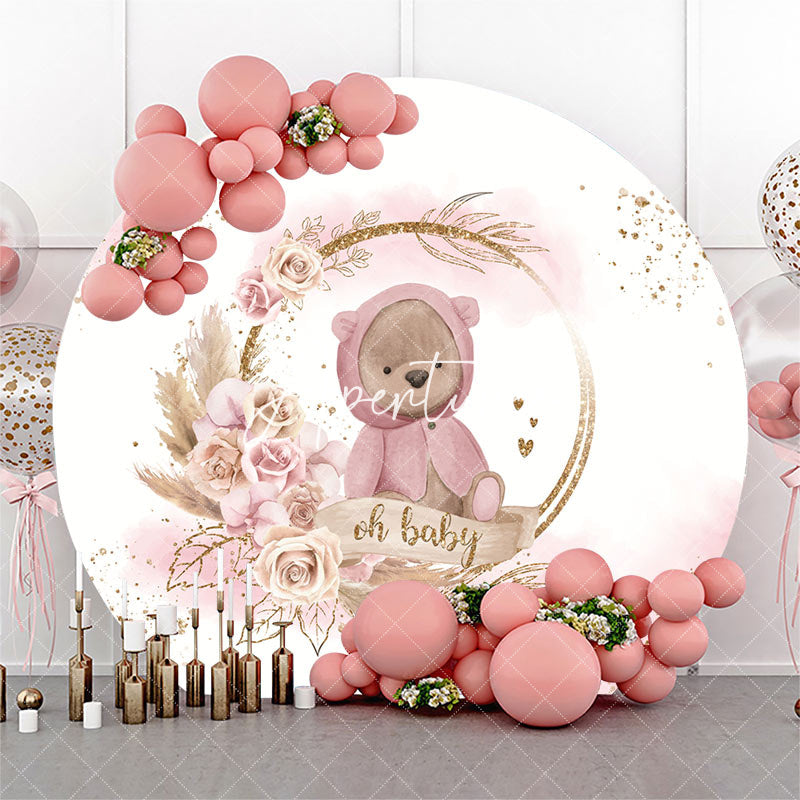 Aperturee - White Pink Bear Floral Round Baby Shower Backdrop