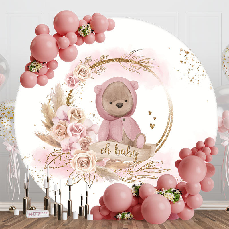 Aperturee - White Pink Bear Floral Round Baby Shower Backdrop