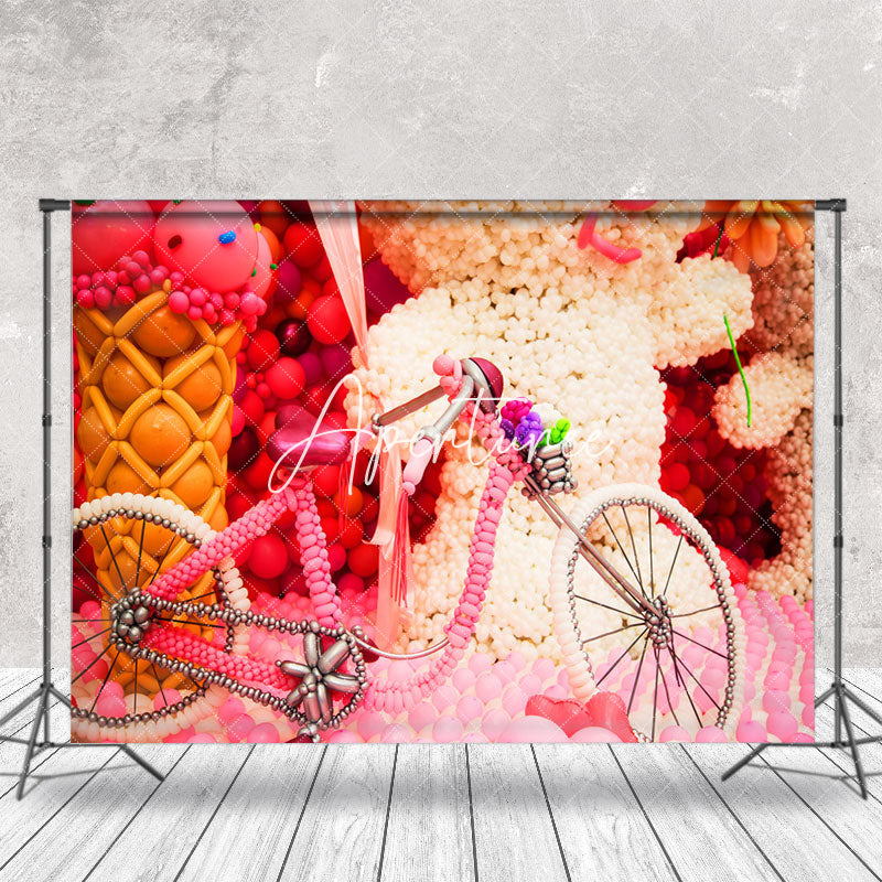 Aperturee - White Pink Bears Bike Balloons Cake Smash Backdrop