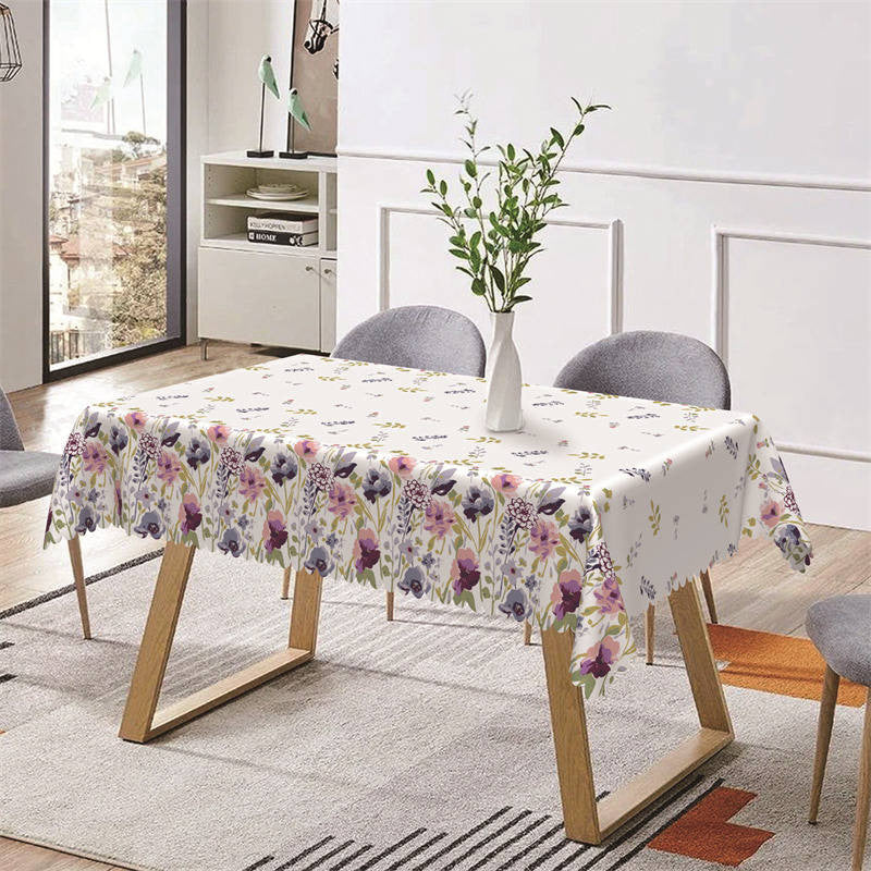 Aperturee - White Pink Blue Floral Spring Rectangle Tablecloth