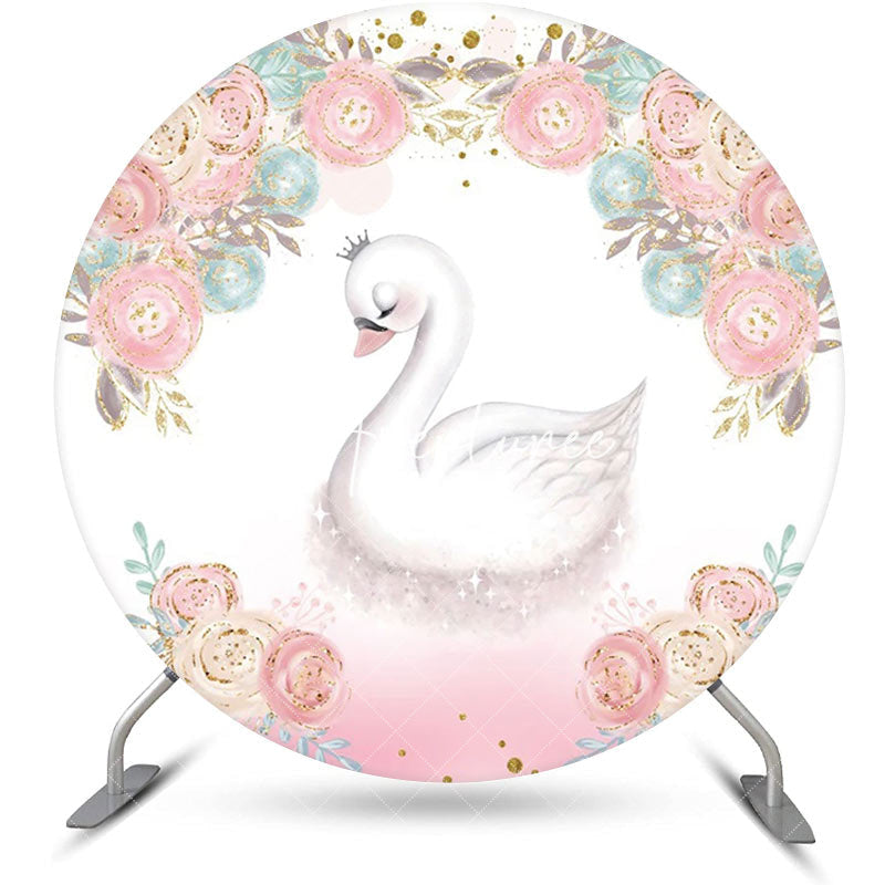 Aperturee - White Pink Blue Floral Swan Round Birthday Backdrop