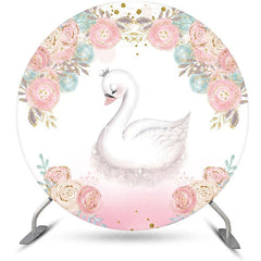 Aperturee - White Pink Blue Floral Swan Round Birthday Backdrop