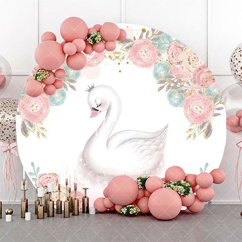 Aperturee - White Pink Blue Floral Swan Round Birthday Backdrop