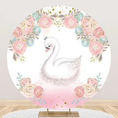 Aperturee - White Pink Blue Floral Swan Round Birthday Backdrop