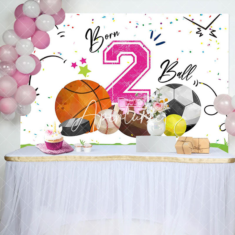 Aperturee - White Pink Born 2 Ball Sports Backdrop For Birthday