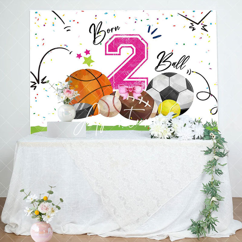 Aperturee - White Pink Born 2 Ball Sports Backdrop For Birthday