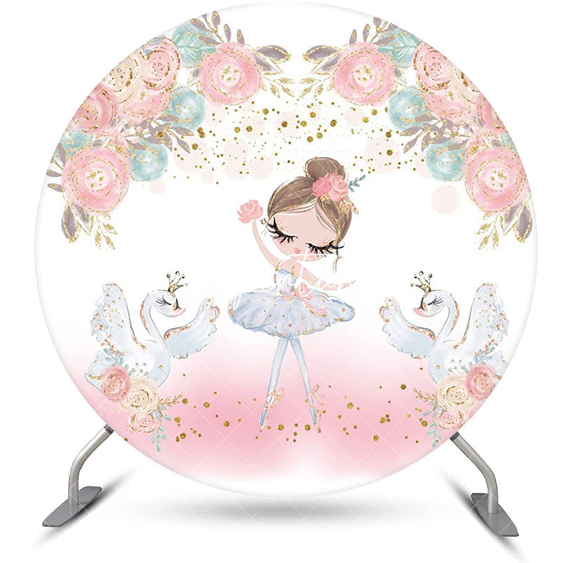 Aperturee - White Pink Floral Ballet Girl Swan Round Backdrop