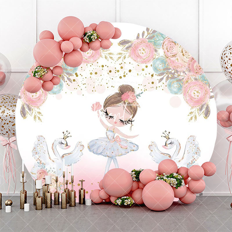 Aperturee - White Pink Floral Ballet Girl Swan Round Backdrop