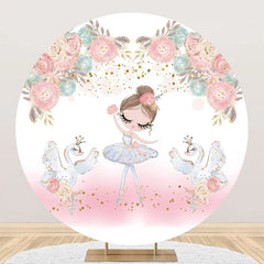 Aperturee - White Pink Floral Ballet Girl Swan Round Backdrop