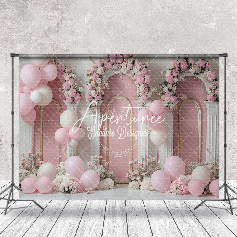 Aperturee - White Pink Floral Balloons Cake Smash Photo Backdrop