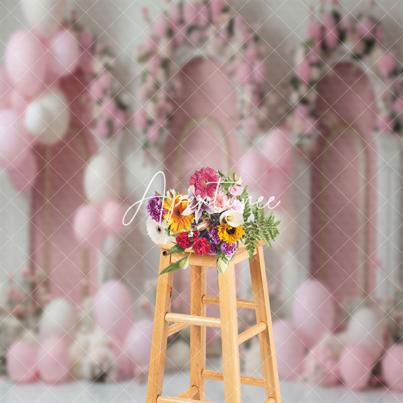 Aperturee - White Pink Floral Balloons Cake Smash Photo Backdrop