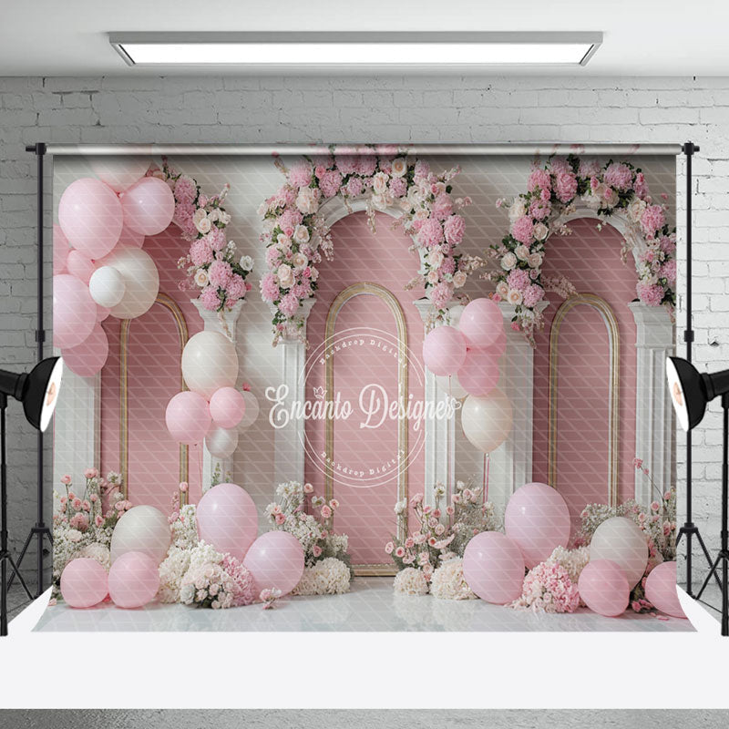 Aperturee - White Pink Floral Balloons Cake Smash Photo Backdrop