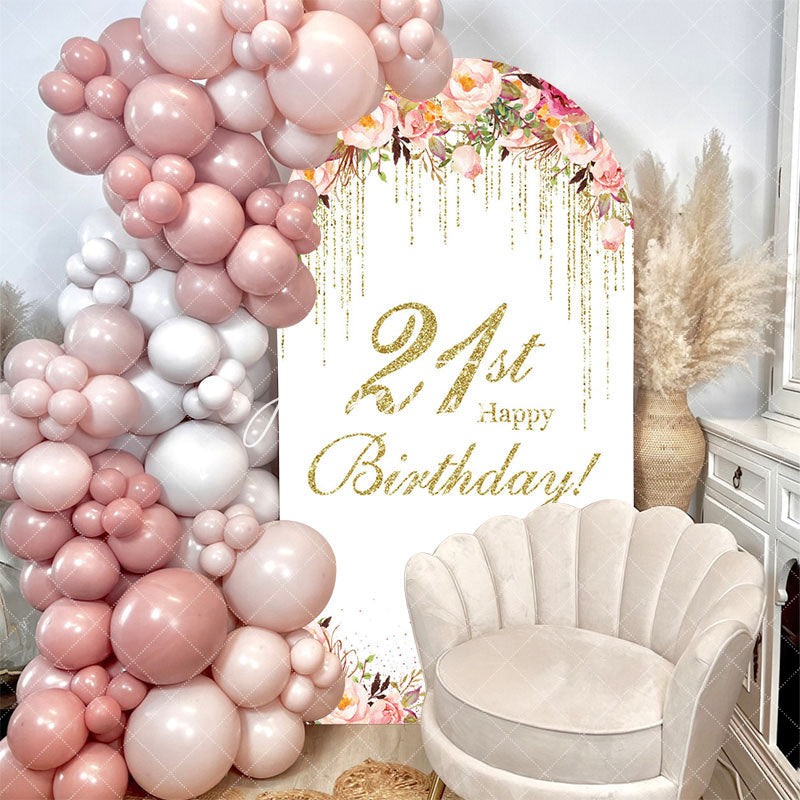 Aperturee - White Pink Floral Gold 21st Birthday Arch Backdrop