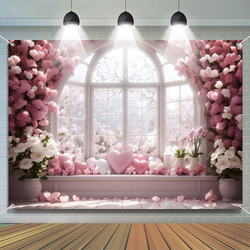 Aperturee - White Pink Floral Heart Elegant Window Backdrop