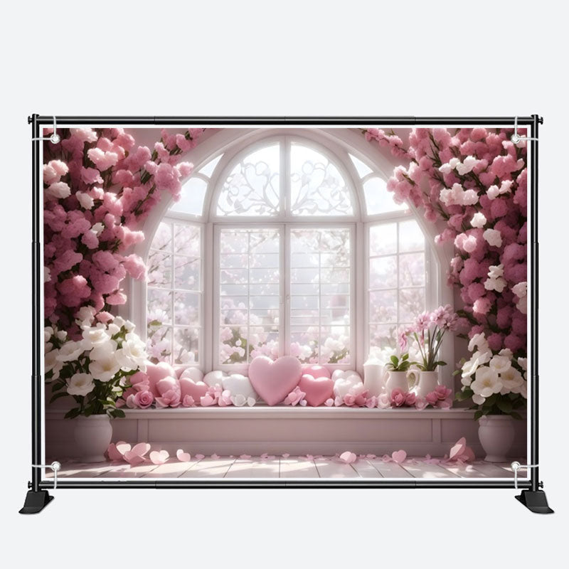 Aperturee - White Pink Floral Heart Elegant Window Backdrop