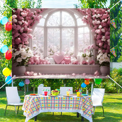 Aperturee - White Pink Floral Heart Elegant Window Backdrop