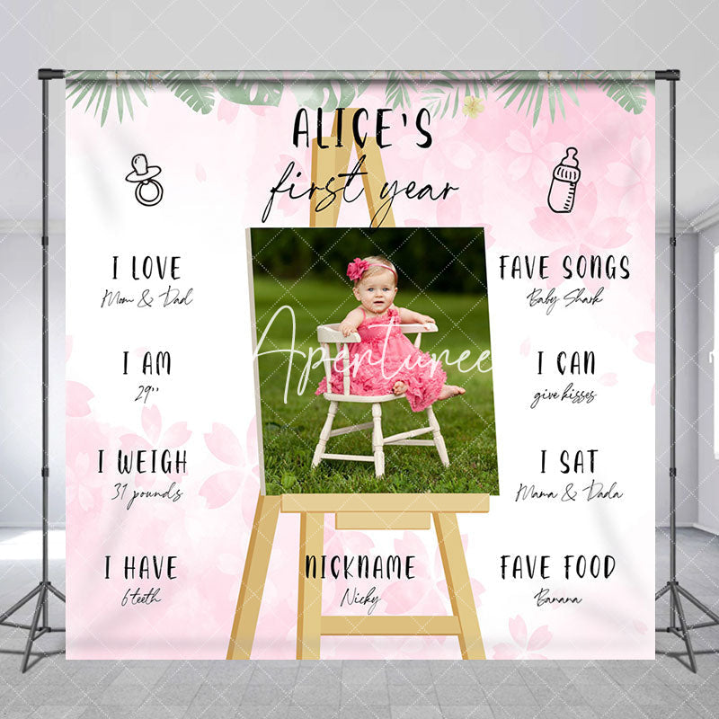 Aperturee - White Pink Floral Leaf Custom 1st Birthday Backdrop