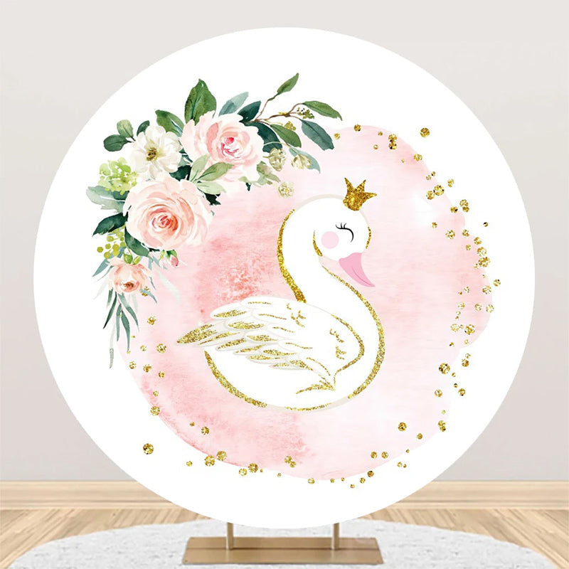 Aperturee - White Pink Floral Leaf Swan Round Birthday Backdrop