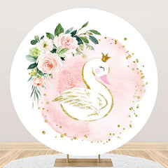 Aperturee - White Pink Floral Leaf Swan Round Birthday Backdrop