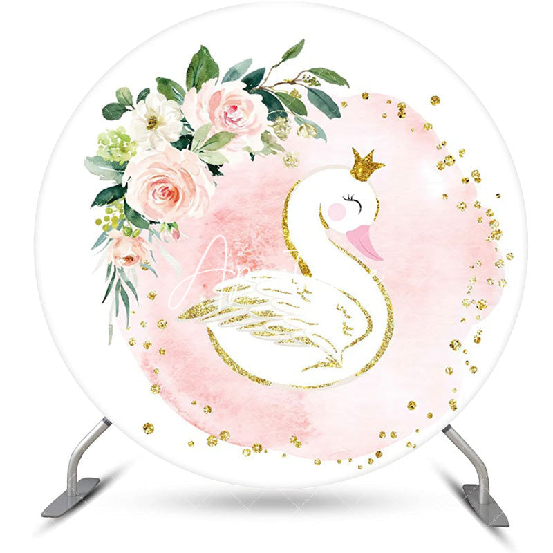 Aperturee - White Pink Floral Leaf Swan Round Birthday Backdrop