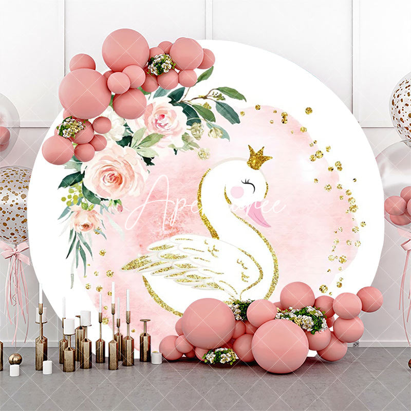 Aperturee - White Pink Floral Leaf Swan Round Birthday Backdrop