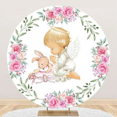 Aperturee - White Pink Floral Leaves Bunny Angel Baby Backdrop