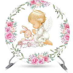 Aperturee - White Pink Floral Leaves Bunny Angel Baby Backdrop