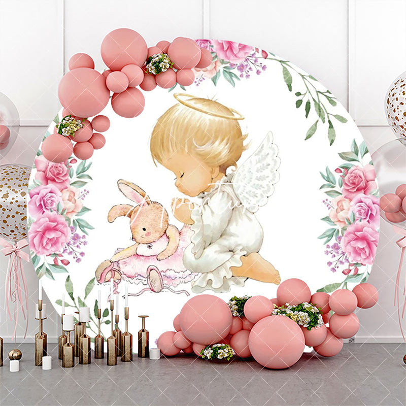 Aperturee - White Pink Floral Leaves Bunny Angel Baby Backdrop