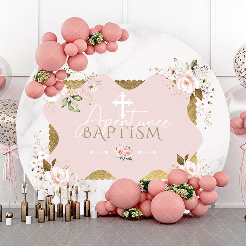 Aperturee - White Pink Floral Marbled Round Baptism Backdrop