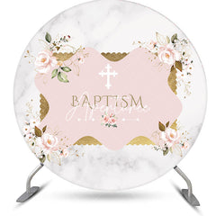 Aperturee - White Pink Floral Marbled Round Baptism Backdrop