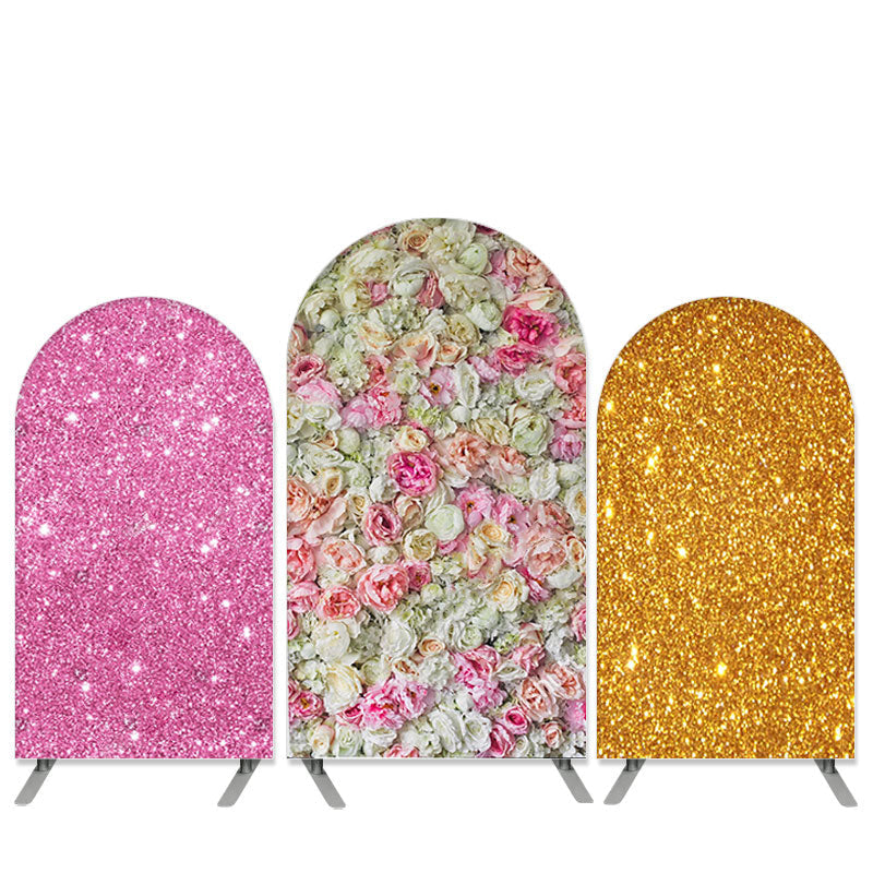 Aperturee White Pink Floral Theme Glitter Wedding Arch Backdrop Kit