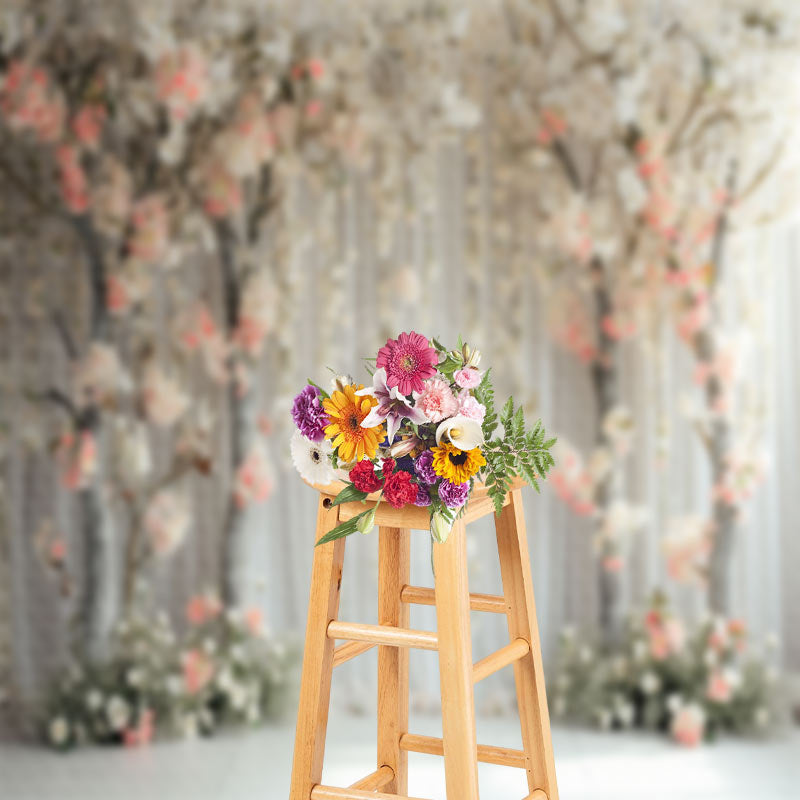 Aperturee - White Pink Floral Trees Curtain Spring Photo Backdrop