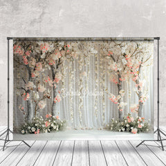 Aperturee - White Pink Floral Trees Curtain Spring Photo Backdrop