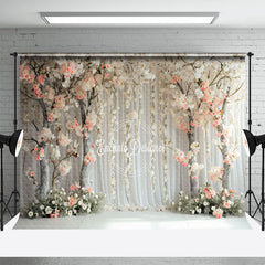 Aperturee - White Pink Floral Trees Curtain Spring Photo Backdrop