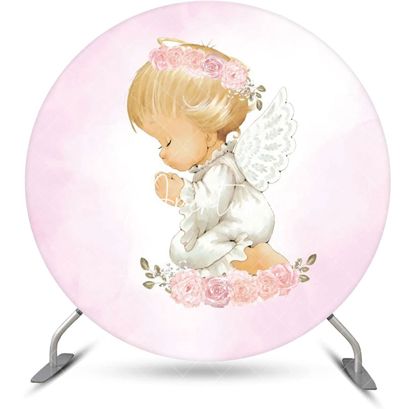 Aperturee - White Pink Floral Wing Angel Baby Baptism Backdrop