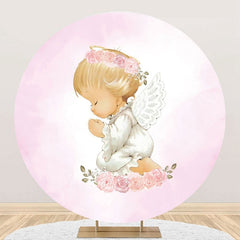 Aperturee - White Pink Floral Wing Angel Baby Baptism Backdrop