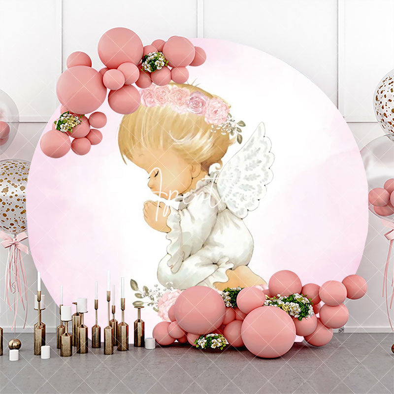 Aperturee - White Pink Floral Wing Angel Baby Baptism Backdrop