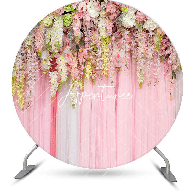 Aperturee - White Pink Flowers Curtain Round Wedding Backdrop