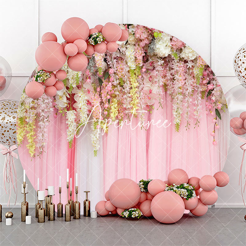 Aperturee - White Pink Flowers Curtain Round Wedding Backdrop