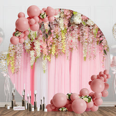 Aperturee - White Pink Flowers Curtain Round Wedding Backdrop