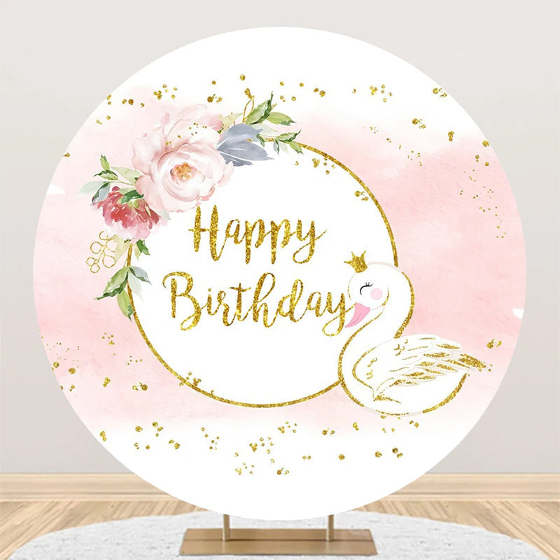 Aperturee - White Pink Gold Floral Swan Round Birthday Backdrop