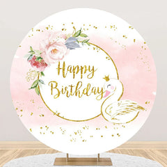 Aperturee - White Pink Gold Floral Swan Round Birthday Backdrop