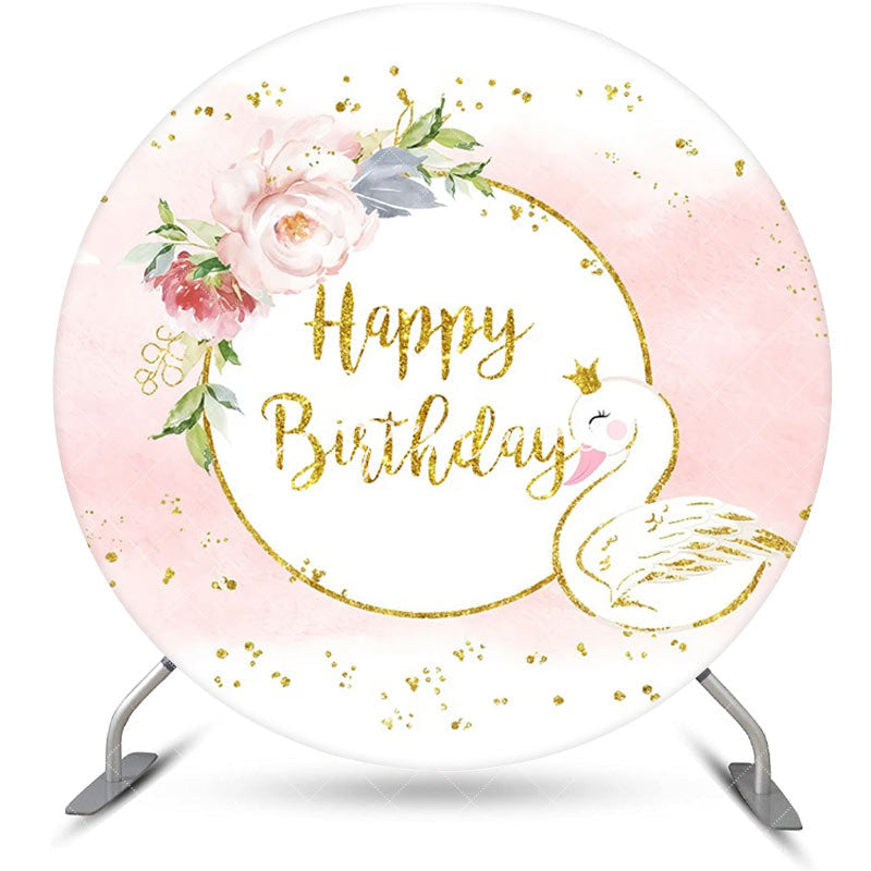 Aperturee - White Pink Gold Floral Swan Round Birthday Backdrop