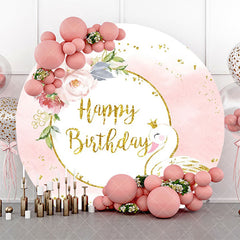 Aperturee - White Pink Gold Floral Swan Round Birthday Backdrop