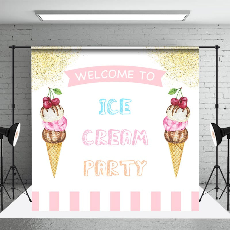 Aperturee - White Pink Gold Welcome To Ice Cream Party Backdrop