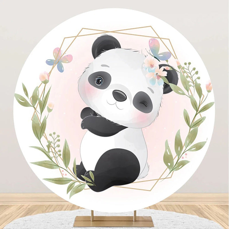 Aperturee - White Pink Greenery Panda Round Baby Shower Backdrop