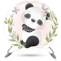 Aperturee - White Pink Greenery Panda Round Baby Shower Backdrop