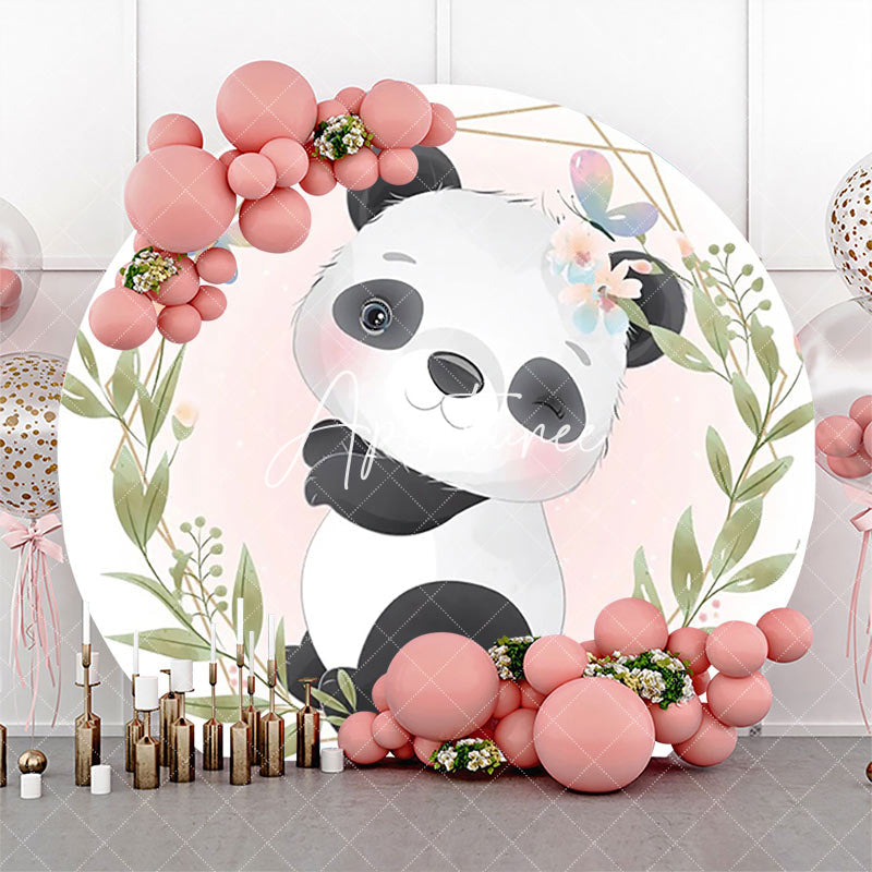 Aperturee - White Pink Greenery Panda Round Baby Shower Backdrop