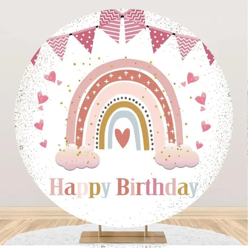 Aperturee - White Pink Rainbow Boho Round Backdrop For Birthday