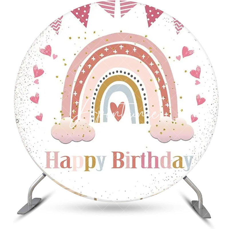 Aperturee - White Pink Rainbow Boho Round Backdrop For Birthday